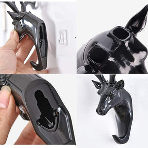 Deer Head Hanging Hook, Self Adhesive Wall Door Hook Hanger Bag Keys Sticky Holder No Drill Wall Mount (Black), Plastic, Pack of 1 ( 18.5 cm x 16.5 cm )