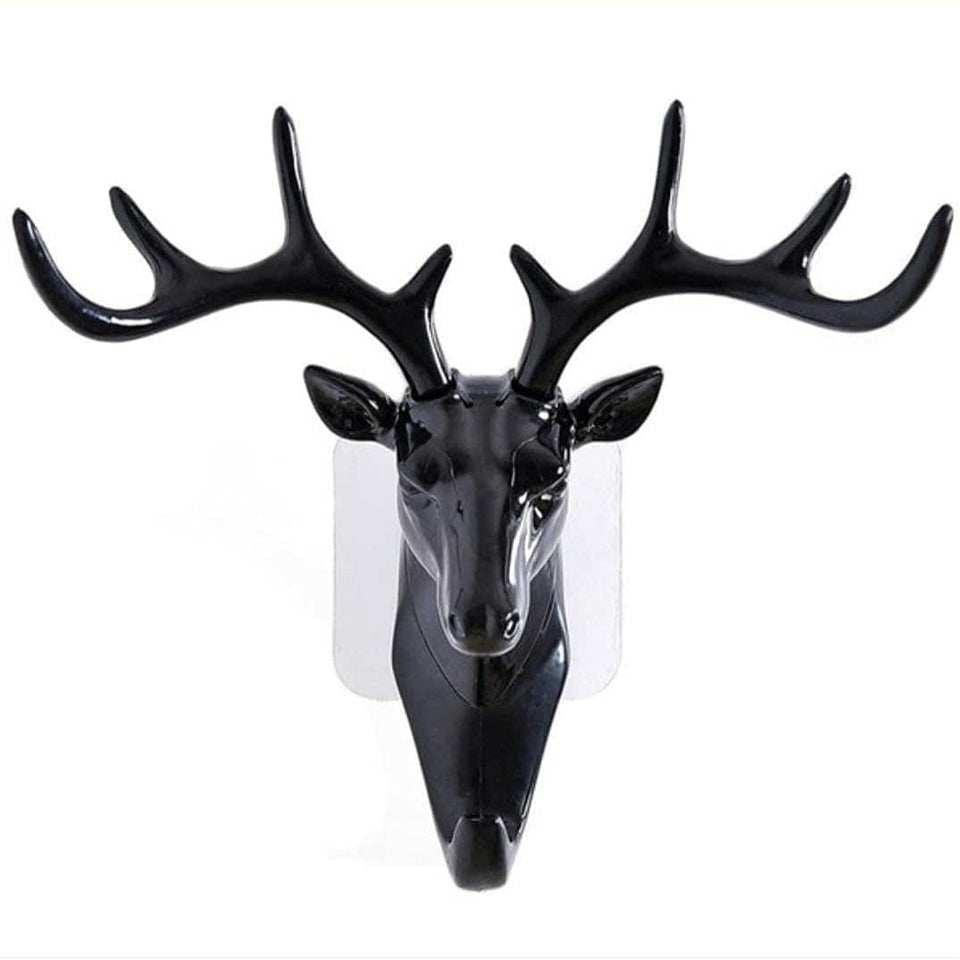 Deer Head Hanging Hook, Self Adhesive Wall Door Hook Hanger Bag Keys Sticky Holder No Drill Wall Mount (Black), Plastic, Pack of 1 ( 18.5 cm x 16.5 cm )