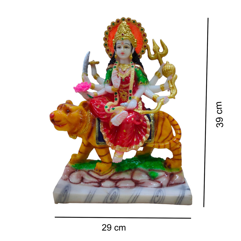 Maa Durga On Lion Idol Large Handcrafted Handmade Marble Dust Polyresin - 39 x 29 cm perfect for Home, Office, Gifting MLxc-1