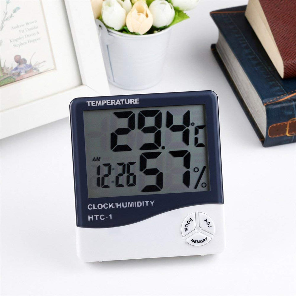 Digital Smart Table Alarm Clock with Thermometer , Temperature , Humidity Meter Calendar Snooze and Large LED Display (White)