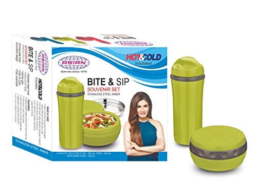 Stainless Steel Bite and SIP Lunch Box with Flask 400ml, Green