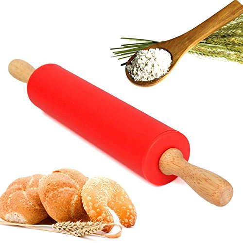 Silicone Rubber Rolling Pin Wooden Handle Non-stick Dough Roller Pizza Pasta Baking 15 inches Kitchen Cooking Tool