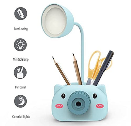 Kids Cartoon LED Table Lamp Pen Stand and Pencil Sharpener Study Desk Stationery Organiser Kidsroom Bedside Night Light for Reading Lamp