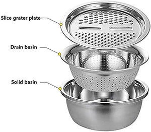 Multipurpose 3 in 1 Stainless Steel Kitchen Grater Slicer with Drain Basin and Bowl | Drain Basket Vegetable/ Fruits Grater and Washing Bowl for Kitchen, Pack of 1