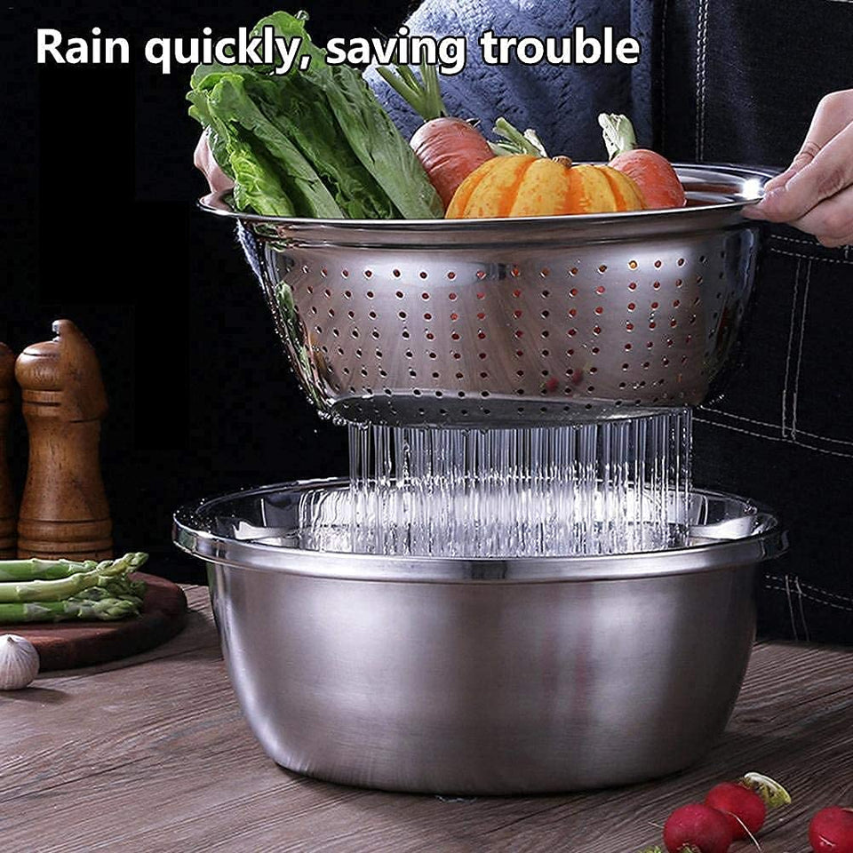 Multipurpose 3 in 1 Stainless Steel Kitchen Grater Slicer with Drain Basin and Bowl | Drain Basket Vegetable/ Fruits Grater and Washing Bowl for Kitchen, Pack of 1