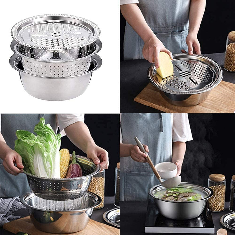 Multipurpose 3 in 1 Stainless Steel Kitchen Grater Slicer with Drain Basin and Bowl | Drain Basket Vegetable/ Fruits Grater and Washing Bowl for Kitchen, Pack of 1