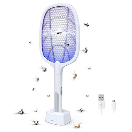 Mosquito Killer Racket Rechargeable Handheld with Base Electric Fly Swatter Mosquito Killer Racket Bat with UV Light Lamp Racket USB Charging Electric Insect Killer