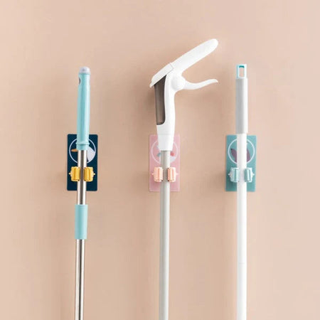 Mop Holder Self Adhesive Hooks, Broom Holder Wall Plastic Waterproof Multicolour for Bathroom & Kitchen, Multipurpose