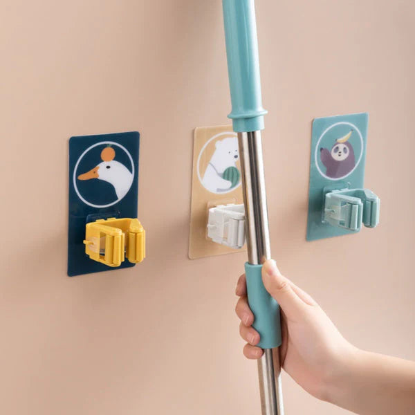 Mop Holder Self Adhesive Hooks, Broom Holder Wall Plastic Waterproof Multicolour for Bathroom & Kitchen, Multipurpose