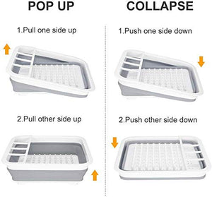 Collapsible Dish Drainer/Dish Drying Rack with Spoon Storage Holder Utensil Dinnerware Travel Organizer - Heavy Duty Plastic & Silicone