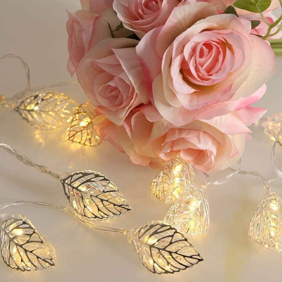 Premium Golden Metal Leaf String 16 Led Decorative Lights for Home Hanging Bedroom Birthday Party Decoration Romantic Mood Light