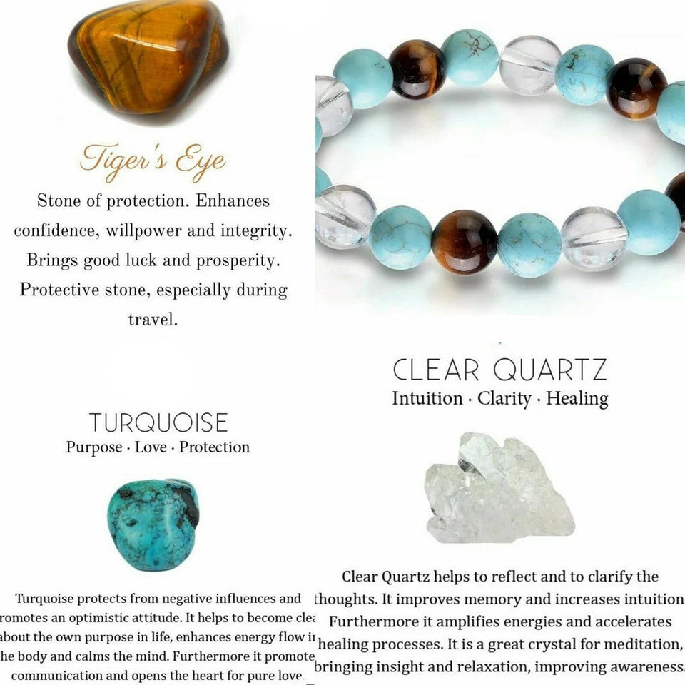 Triple Stone Ultimate Student Bracelet helps Studying, Mental Focus and Memory – Turquoise, Crystal Quartz & Tiger Eye – Bracelet for Student – Focus Bracelet - Gemstone Beaded Stretch Bracelet