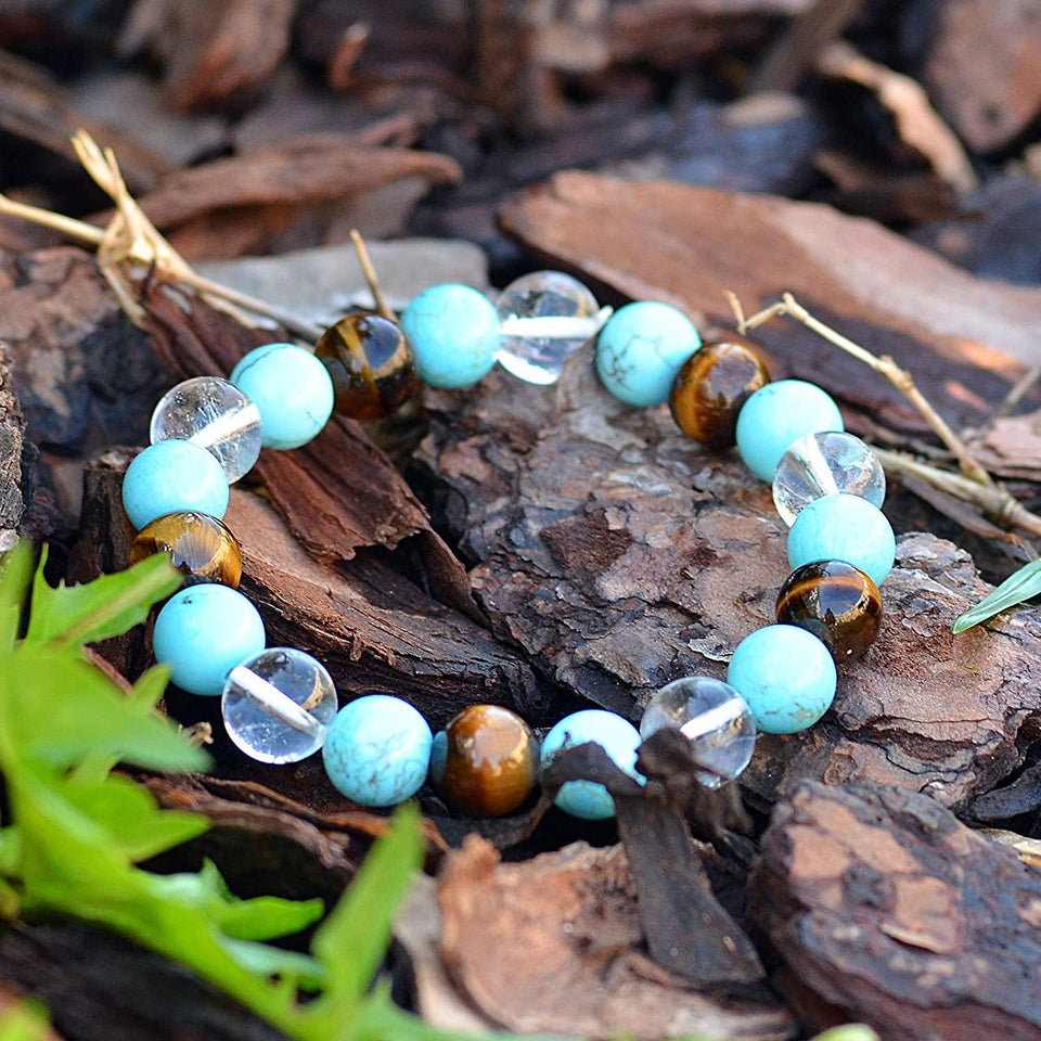 Triple Stone Ultimate Student Bracelet helps Studying, Mental Focus and Memory – Turquoise, Crystal Quartz & Tiger Eye – Bracelet for Student – Focus Bracelet - Gemstone Beaded Stretch Bracelet