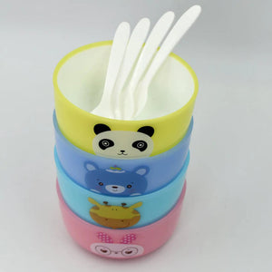 Plastic Animal Cartoon Colorful Plastic Bowl set, 4 Pieces Bowl with 4 Spoons for Kids