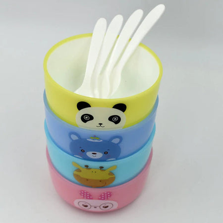 Plastic Animal Cartoon Colorful Plastic Bowl set, 4 Pieces Bowl with 4 Spoons for Kids