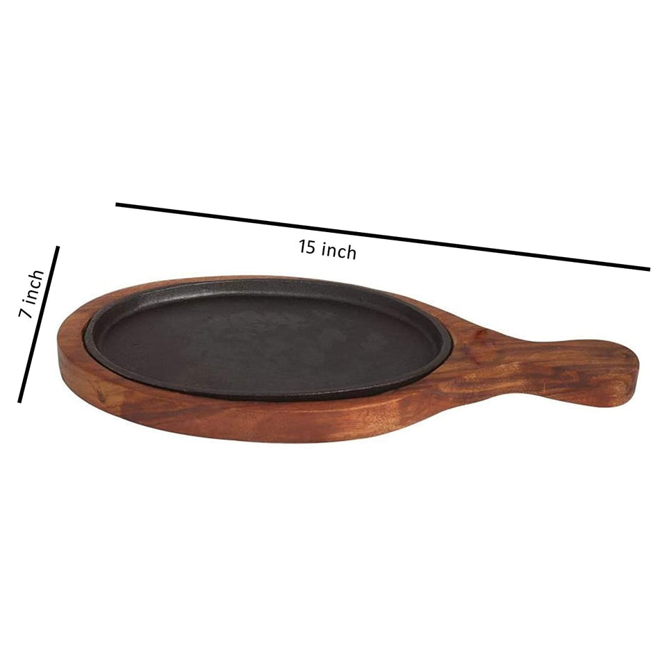 Iron Sizzler Plate with Wooden Plate /Stand Oval Sizzler for Sizzling Brownie Platter Long Handle 15" X 7" Inch