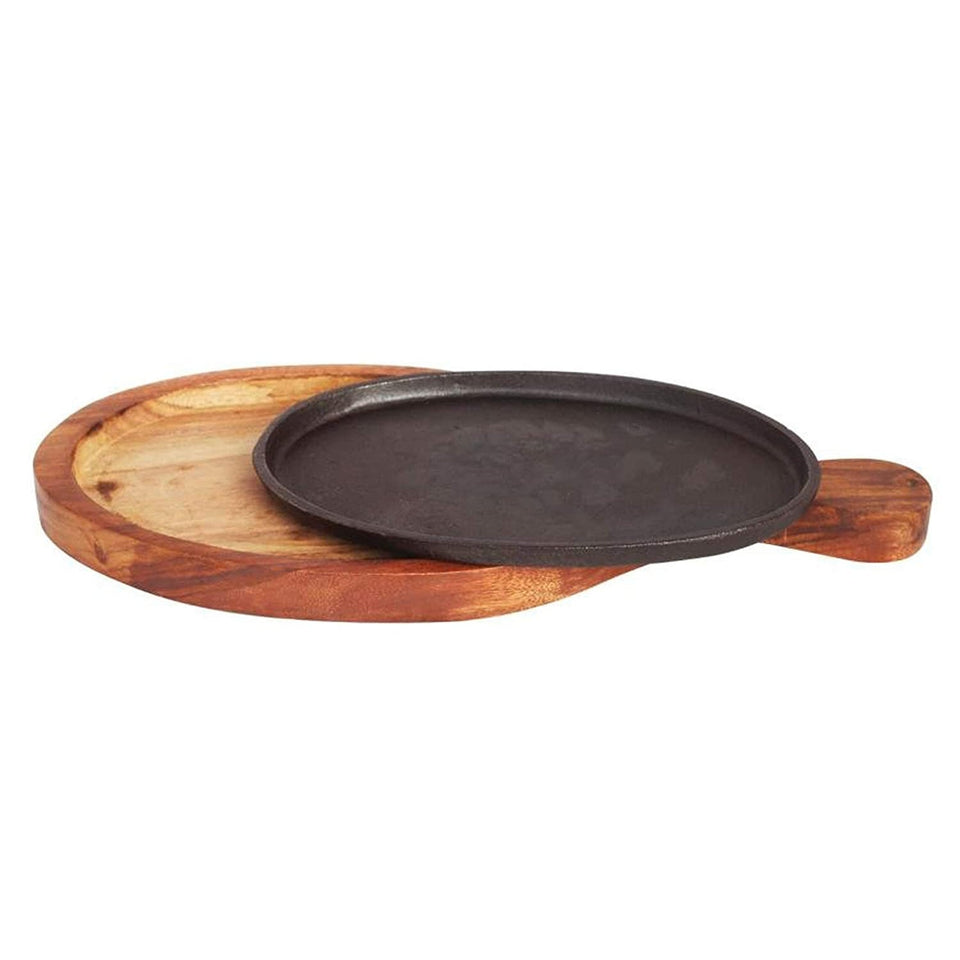 Iron Sizzler Plate with Wooden Plate /Stand Oval Sizzler for Sizzling Brownie Platter Long Handle 15" X 7" Inch