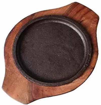 Iron Sizzler Plate with Wooden Plate /Stand Round Sizzler for Sizzling Brownie Platter Round 6" Inch