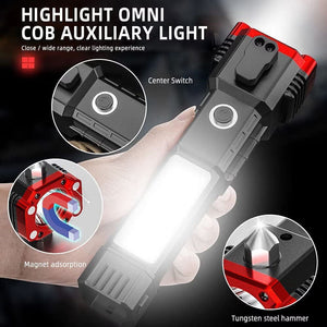 Portable Rechargeable Torch LED Flashlight Long Distance Beam Range with Power Bank, Hammer and Strong Magnets, Window Glass and Seat Belt Cutter 4 Modes for Car Camping Hiking Indoor Outdoor