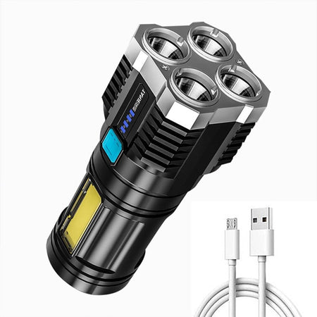 Portable LED Tactical Flashlight Rechargeable Torch Long Distance Beam Range with 4 Lighting Modes and Power Bank 800 Lumens COB Light for Emergency,Outoor,Camping (4 Led Torch)