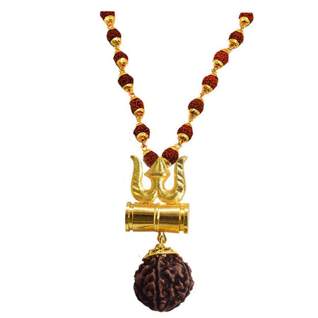 Shiv Shakti Kavach - 5 Mukhi Rudraksha Trishul Damru (Damaru) Locket/Pendant in Rudraksha mala - halfrate.in