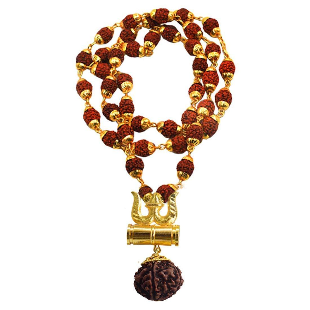 Shiv Shakti Kavach - 5 Mukhi Rudraksha Trishul Damru (Damaru) Locket/Pendant in Rudraksha mala - halfrate.in