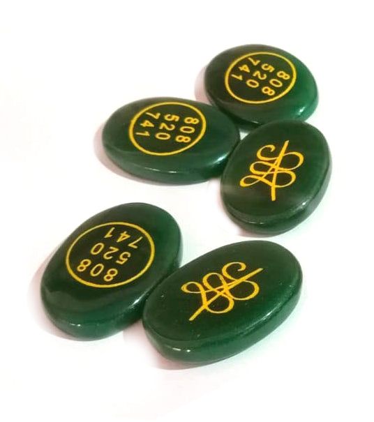 Natural Dark Green Jade Aventurine Zibu Symbols Crystal Stone Money Switch Word Zibu Coin Cabochon Oval Shape Feng Shui Money Coin for Prosperity, Money and Good Luck